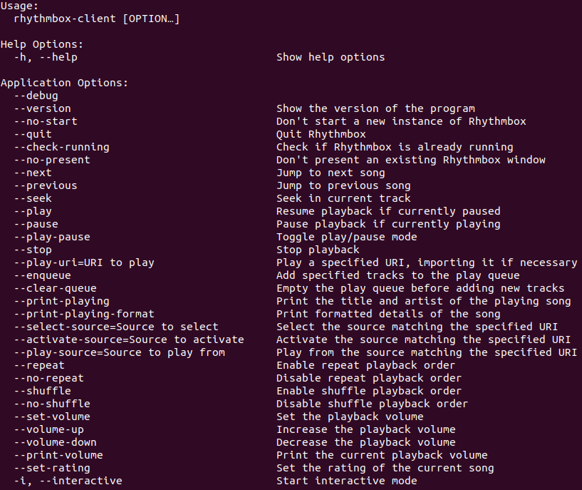 Verfügbare Befehle rhythmbox-client